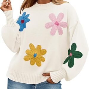 Women's Long Puff Sleeve Flower Sweater