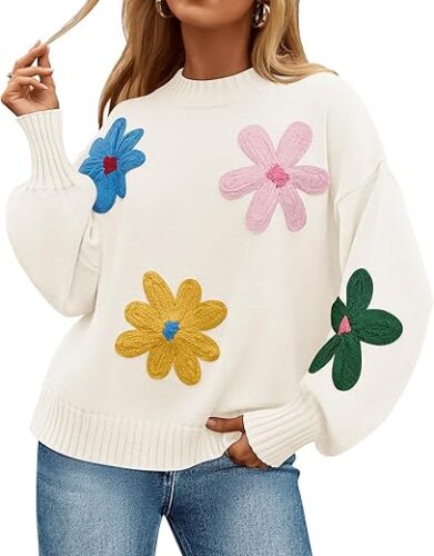 Women’s Long Puff Sleeve Flower Sweater